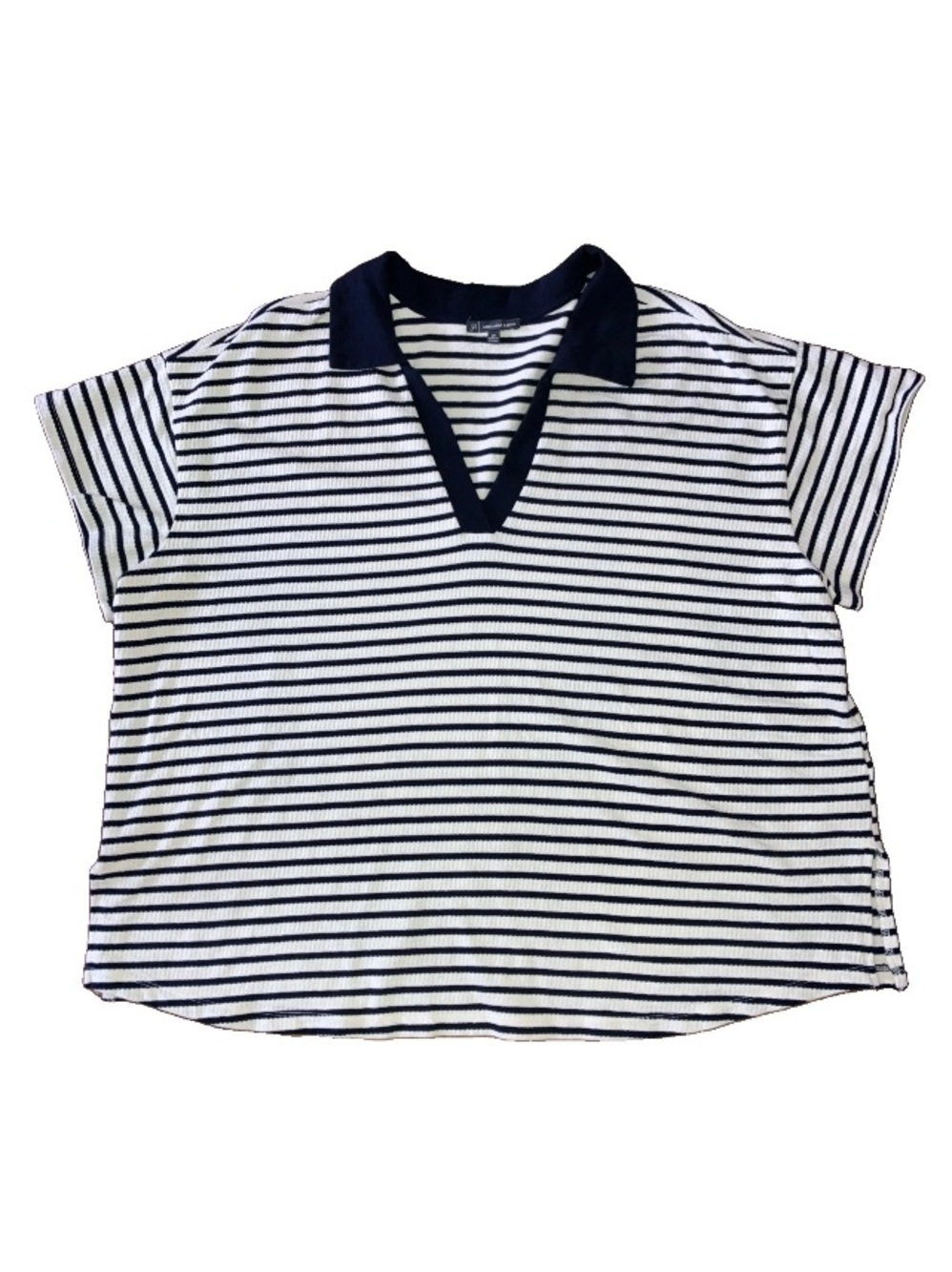 Adrianna Papell 2X Blue/White Stripe Knit Polo Short Sleeve Pullover Basics Top.